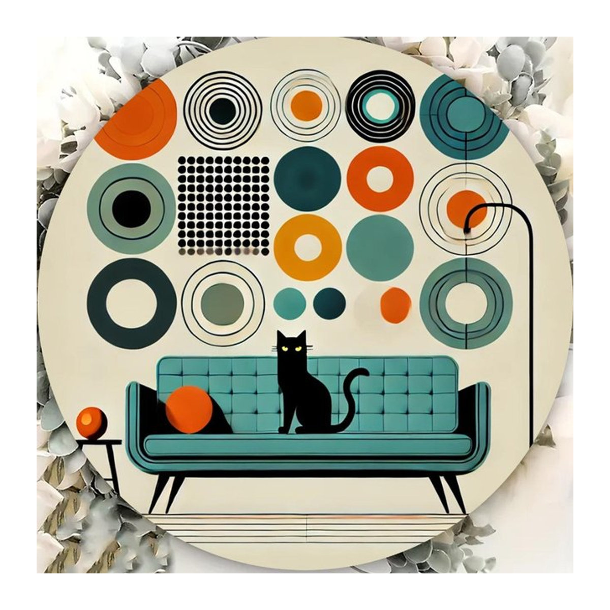 HELLOYOUNG Mid-Century Modern Black Cat Aluminium-Wandbild in Schwarz und Mehrfarbig, Quadratisches Metall-Wandbild mit geometrischem Design - Bild 1