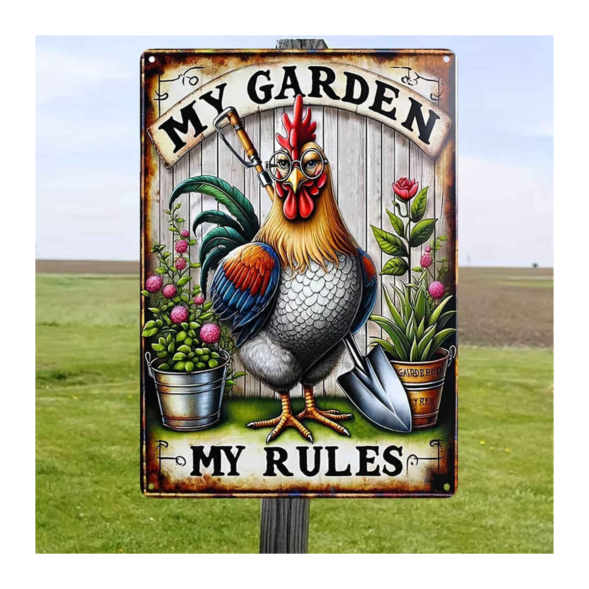 HELLOYOUNG My Garden My Rules Metallposter im Landhausstil, mehrfarbiges Aluminium-Blechschild mit Hühner-Motiv, B/H: 30 x 20 cm - Bild 1