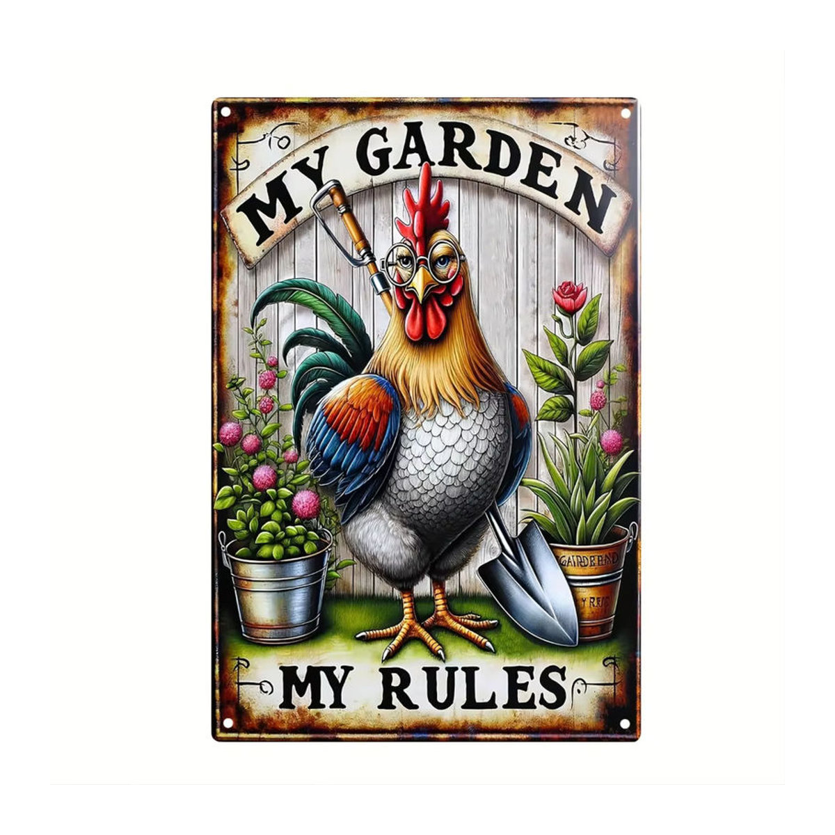 HELLOYOUNG My Garden My Rules Metallposter im Landhausstil, mehrfarbiges Aluminium-Blechschild mit Hühner-Motiv, B/H: 30 x 20 cm - Bild 2
