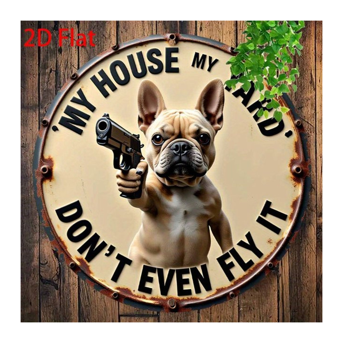 HELLOYOUNG My House My Yard Rundes Metallschild mit Französischer Bulldogge in Beige, Rustikales Aluminium-Wandschild mit Distressed-Finish - Bild 1