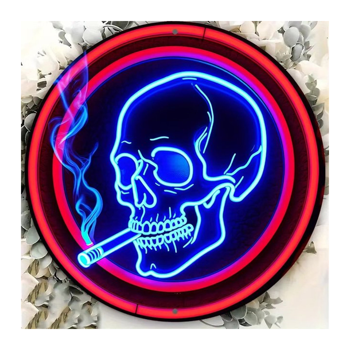 HELLOYOUNG Neon-Schädel-Schild aus Metall in Blau, Runde Wandkunst für Halloween zur Wandmontage - Bild 1