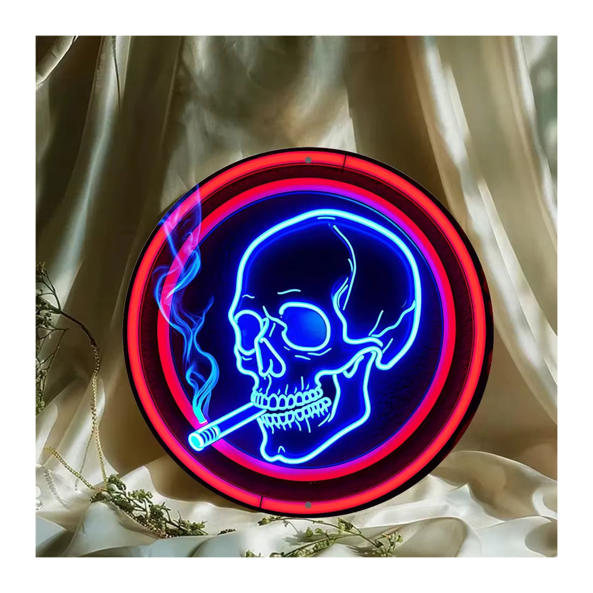 HELLOYOUNG Neon-Schädel-Schild aus Metall in Blau, Runde Wandkunst für Halloween zur Wandmontage - Bild 5