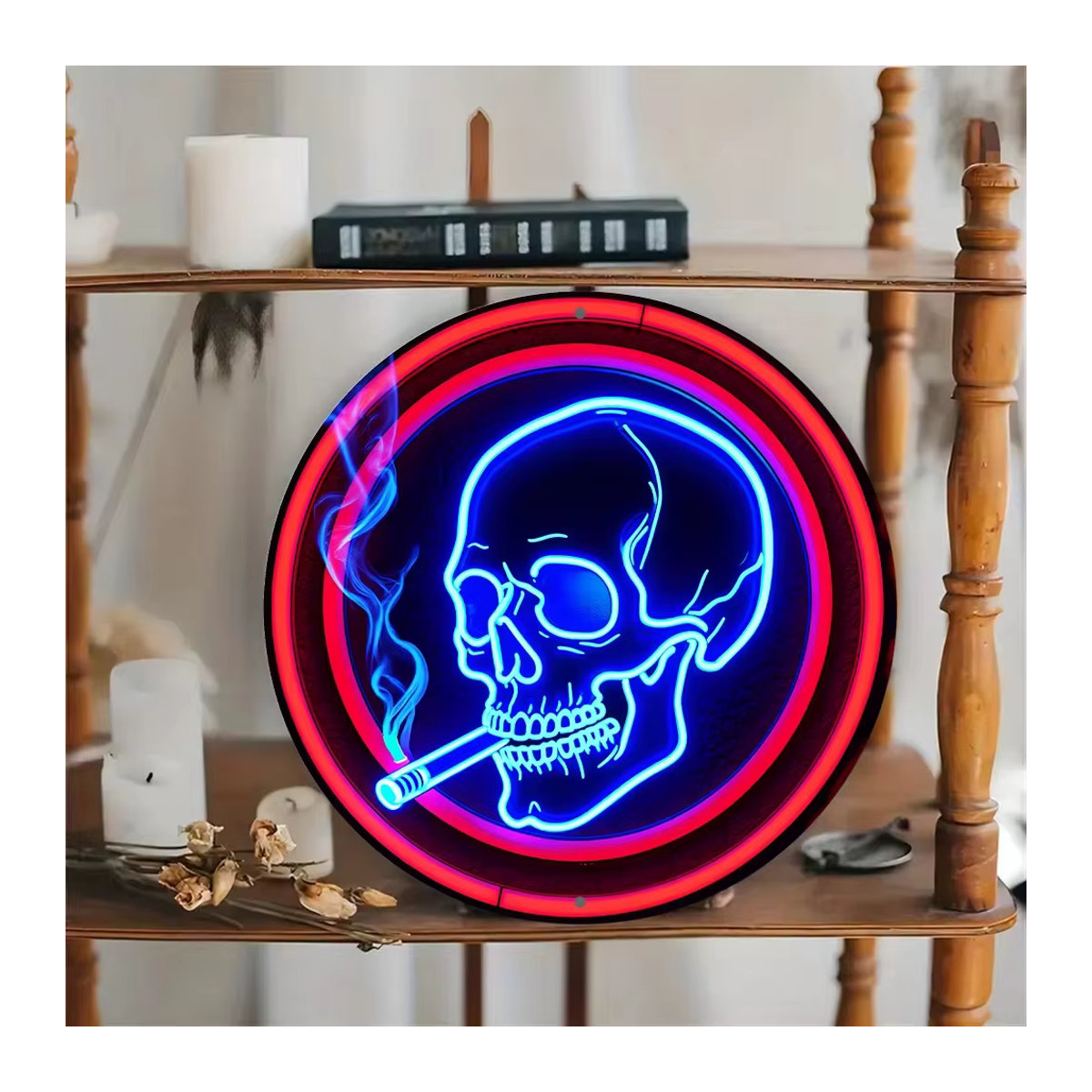 HELLOYOUNG Neon-Schädel-Schild aus Metall in Blau, Runde Wandkunst für Halloween zur Wandmontage - Bild 6