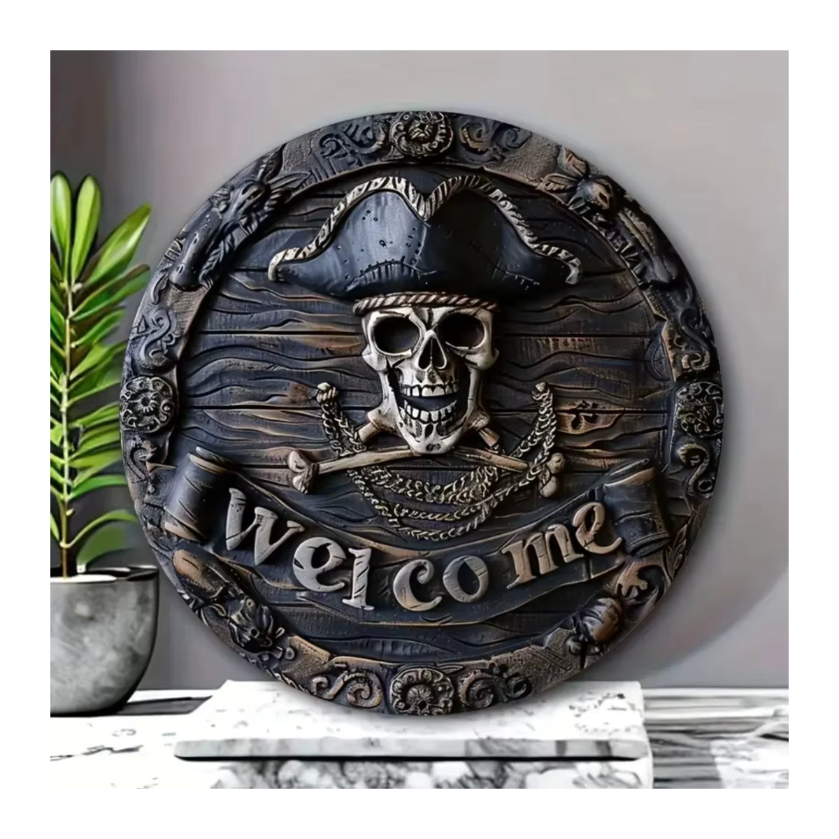 HELLOYOUNG Piraten-Schädel Willkommensschild aus Kunstharz in Schwarz, rundes Halloween-Deko-Schild mit Schnur zum Aufhängen - Bild 4