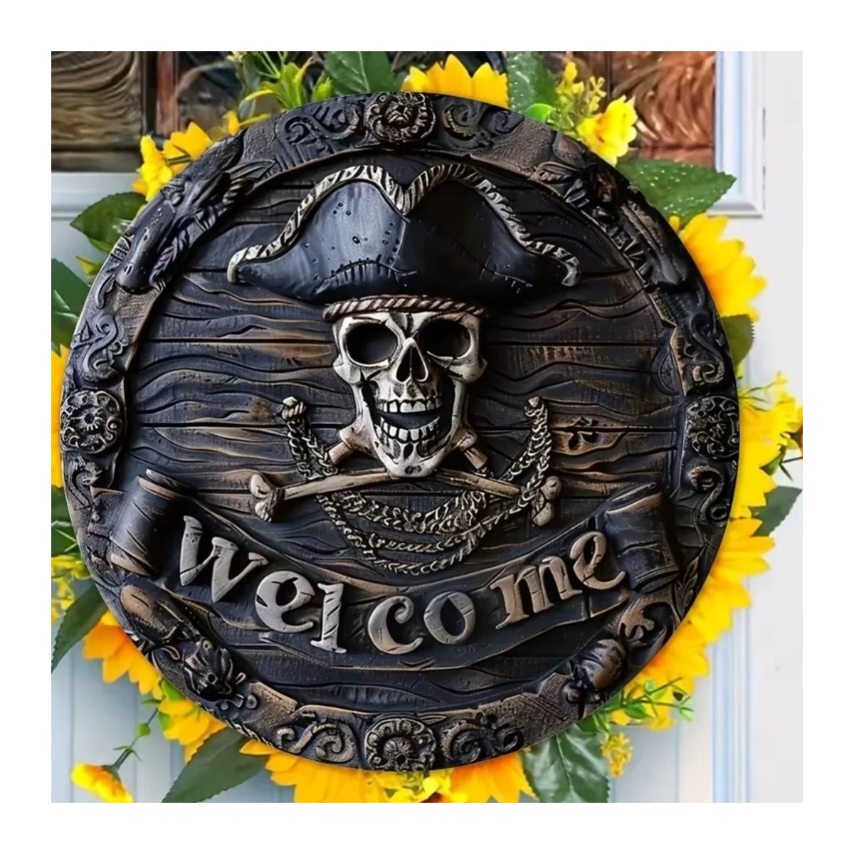 HELLOYOUNG Piraten-Schädel Willkommensschild aus Kunstharz in Schwarz, rundes Halloween-Deko-Schild mit Schnur zum Aufhängen - Bild 5