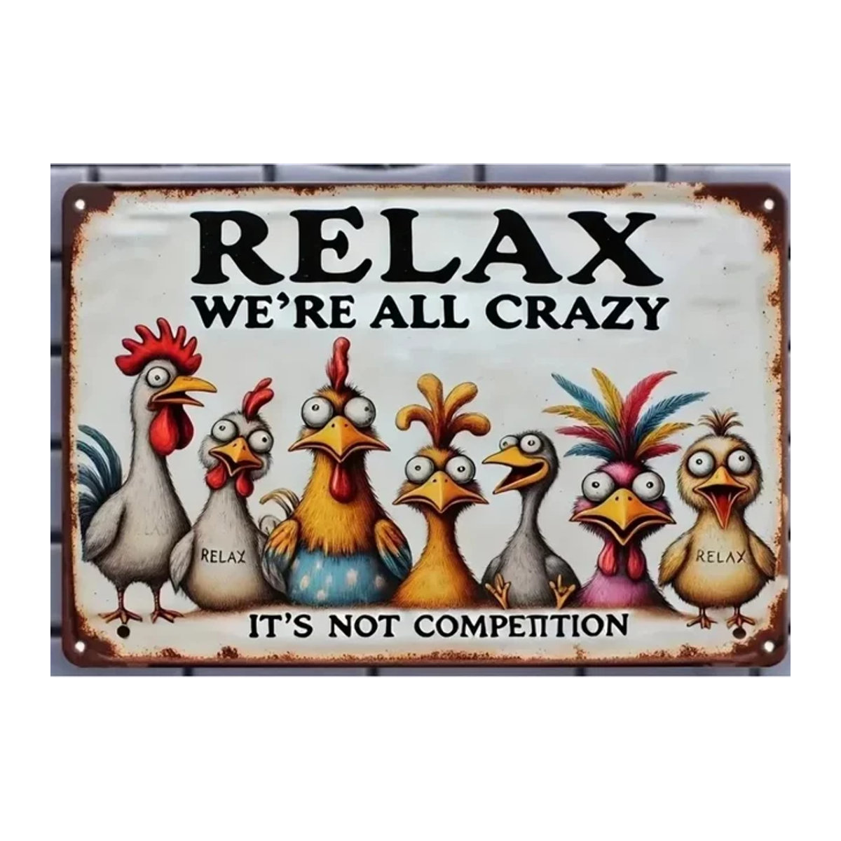 HELLOYOUNG Relax & Enjoy Life Wanddekor aus Metall mit buntem Hühner-Motiv, B/H: 30 x 20 cm - Bild 1