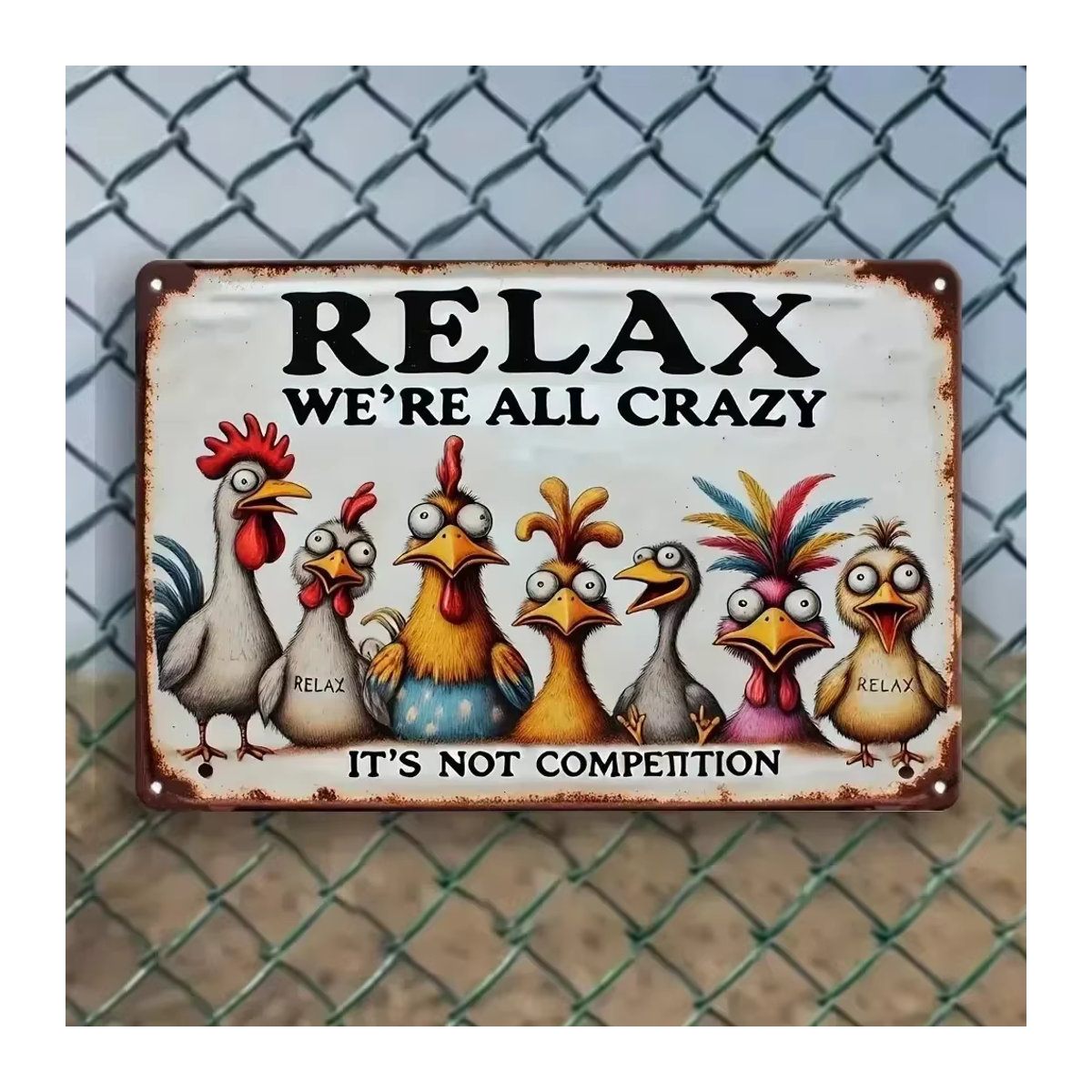 HELLOYOUNG Relax & Enjoy Life Wanddekor aus Metall mit buntem Hühner-Motiv, B/H: 30 x 20 cm - Bild 3