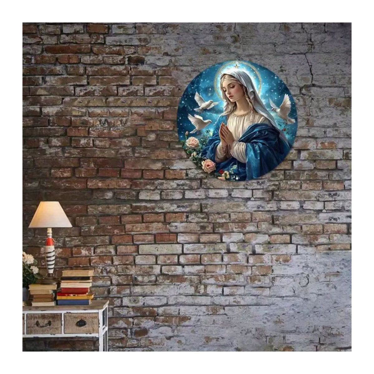 HELLOYOUNG Religiöse Wandkunst Jungfrau Maria in Blau, 3D-geprägtes Metall-Dekor mit Sternen, Vögeln und Blumen, Durchmesser: 20,3 cm - Bild 2