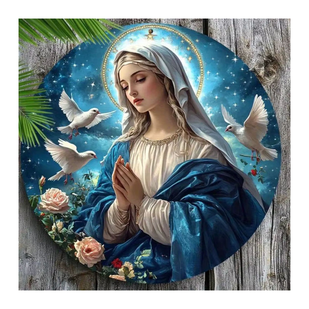 HELLOYOUNG Religiöse Wandkunst Jungfrau Maria in Blau, 3D-geprägtes Metall-Dekor mit Sternen, Vögeln und Blumen, Durchmesser: 20,3 cm - Bild 3