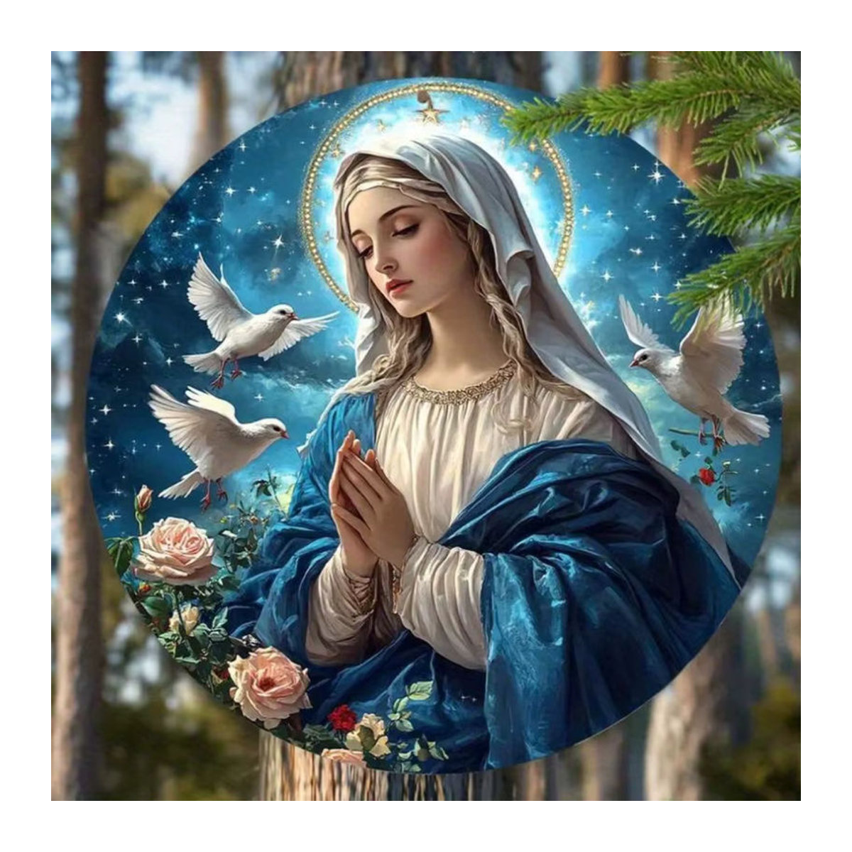 HELLOYOUNG Religiöse Wandkunst Jungfrau Maria in Blau, 3D-geprägtes Metall-Dekor mit Sternen, Vögeln und Blumen, Durchmesser: 20,3 cm - Bild 4