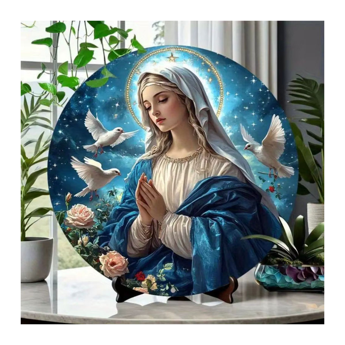 HELLOYOUNG Religiöse Wandkunst Jungfrau Maria in Blau, 3D-geprägtes Metall-Dekor mit Sternen, Vögeln und Blumen, Durchmesser: 20,3 cm - Bild 5