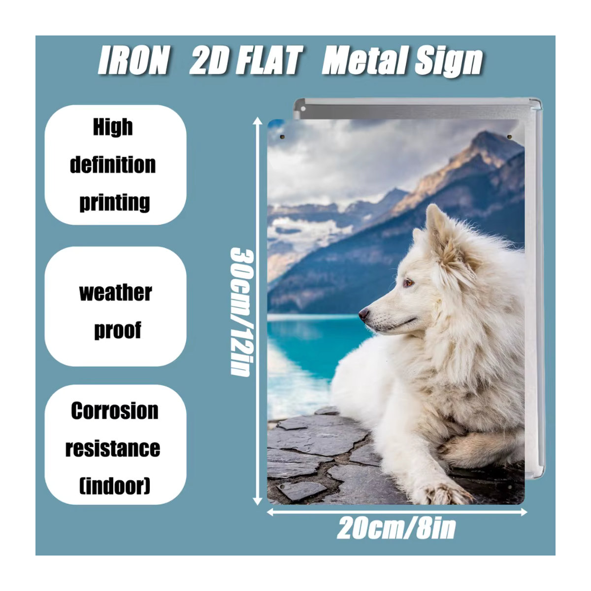 HELLOYOUNG Retro-Metallschild mit Schneelandschaft und Hund, Vintage Wanddekoration mehrfarbig, B: 30,48 cm x H: 20,32 cm - Bild 3