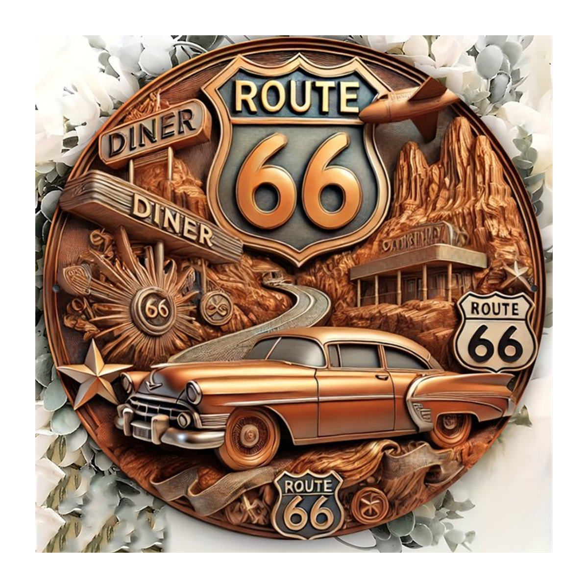 HELLOYOUNG Route 66 Wandkunst aus Metall in Braun, Vintage Deko für Außen und Innen, quadratisch, B/H: 20 x 20 cm - Bild 1