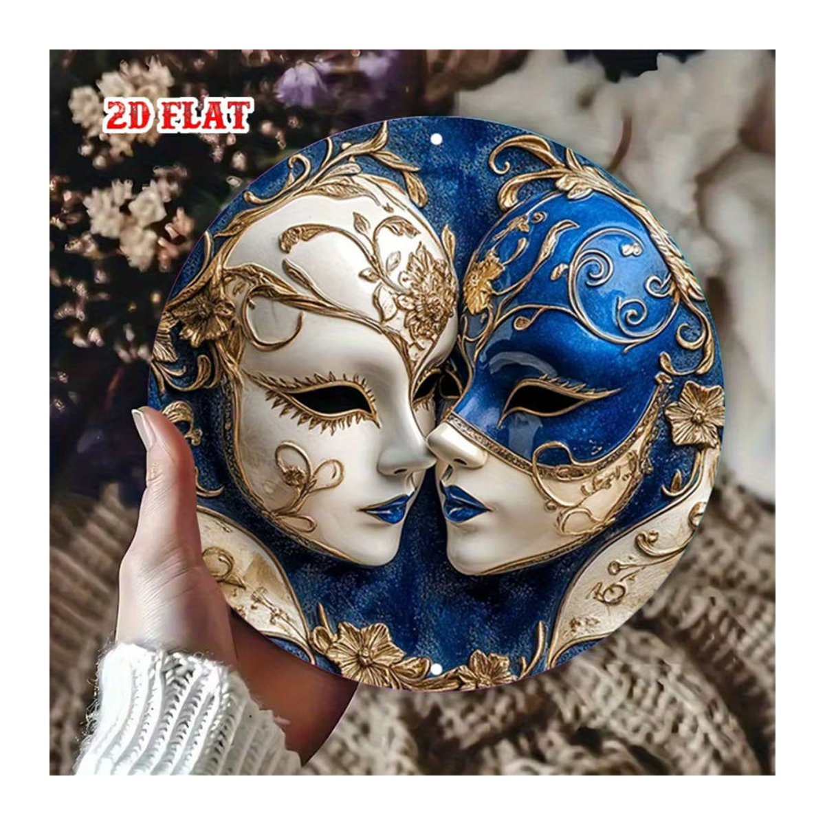 HELLOYOUNG Rundes Aluminiumschild im Venice-Design mit floralem Muster, Blau und Gold, Metall-Wanddekoration - Bild 2