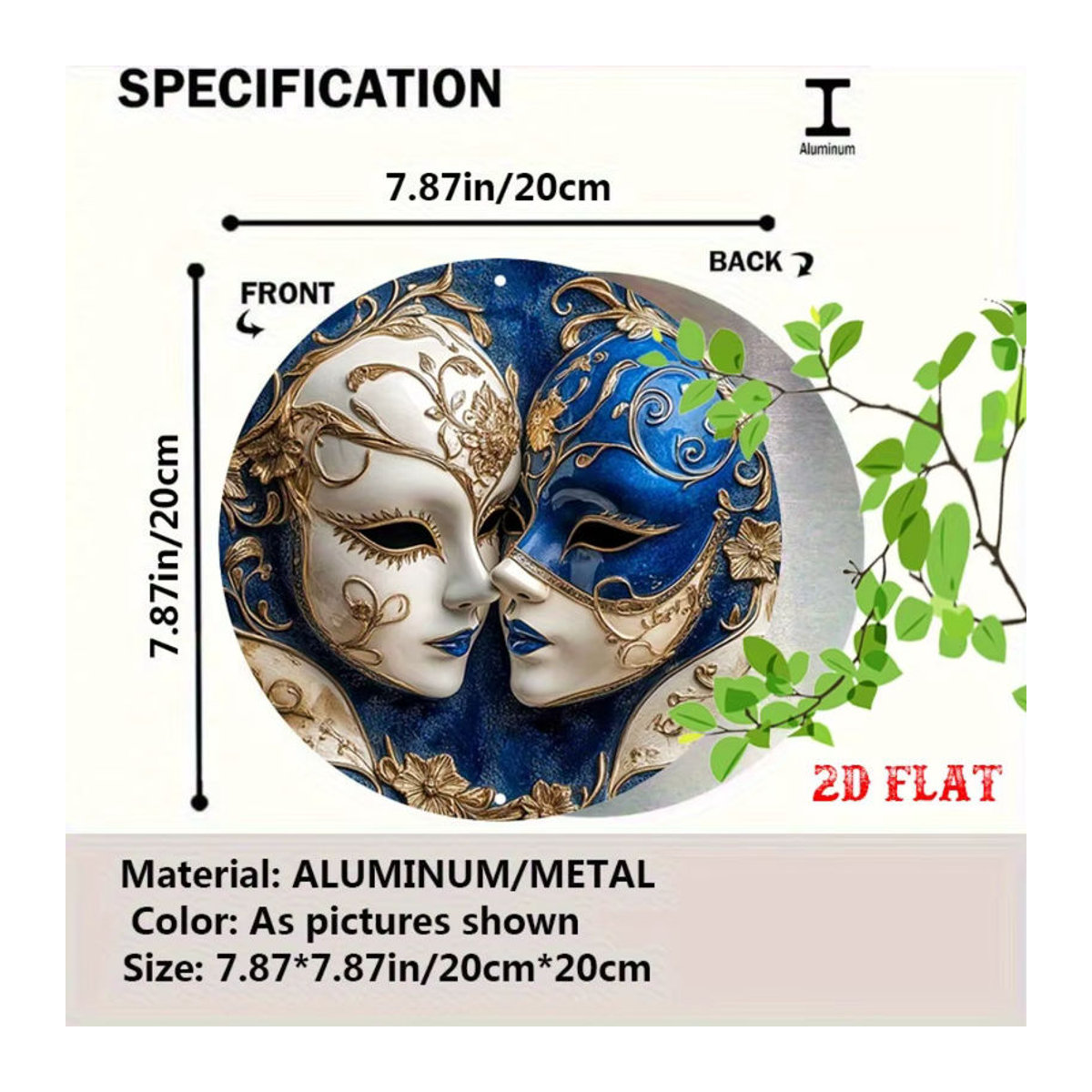 HELLOYOUNG Rundes Aluminiumschild im Venice-Design mit floralem Muster, Blau und Gold, Metall-Wanddekoration - Bild 3