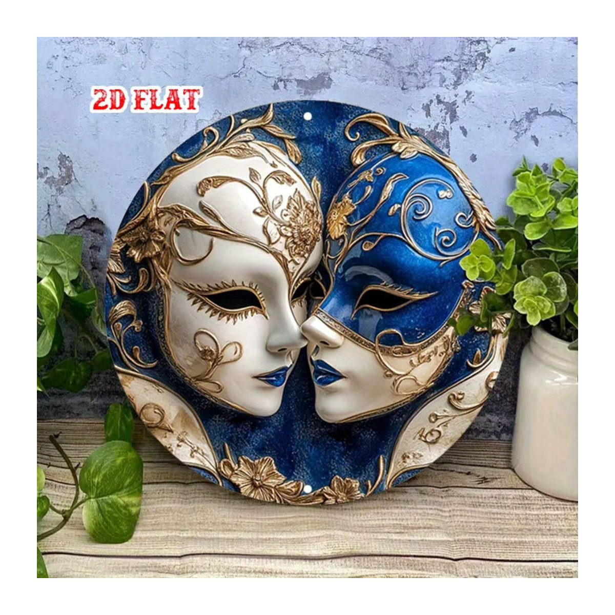 HELLOYOUNG Rundes Aluminiumschild im Venice-Design mit floralem Muster, Blau und Gold, Metall-Wanddekoration - Bild 4