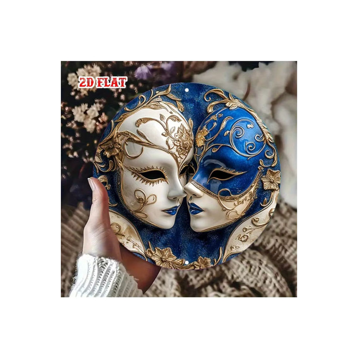 HELLOYOUNG Rundes Aluminiumschild im Venice-Design mit floralem Muster, Blau und Gold, Metall-Wanddekoration - Bild 7