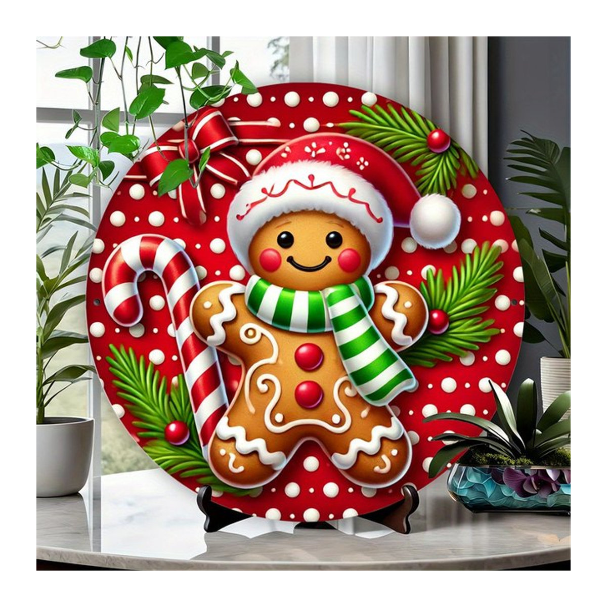 HELLOYOUNG Rundes Aluminiumschild mit Lebkuchenmann und Zuckerrohr-Motiv, Mehrfarbig, Durchmesser: 20 cm, Dekoration für Innen und Außen - Bild 1