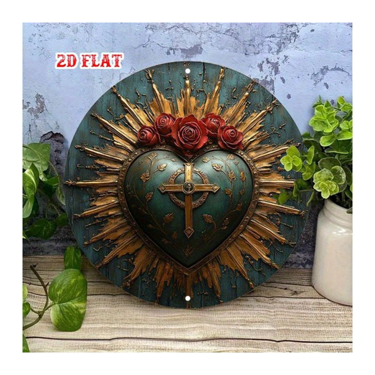 HELLOYOUNG Rundes Aluminiumschild mit religiösem Heiligen Herz und floralem Rosen-Kreuz-Design in Rustik-Optik, mehrfarbig, Wanddekoration - Bild 1