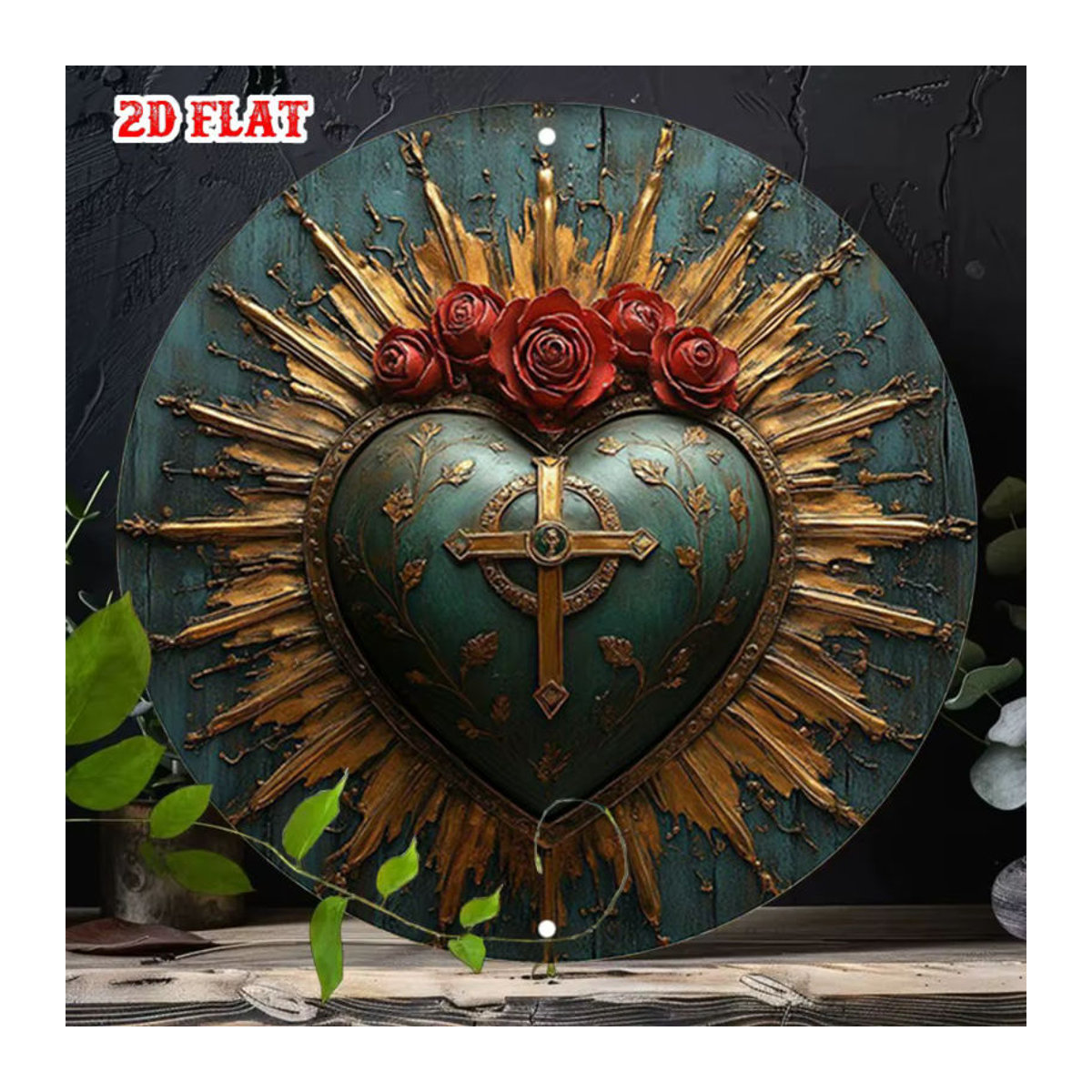 HELLOYOUNG Rundes Aluminiumschild mit religiösem Heiligen Herz und floralem Rosen-Kreuz-Design in Rustik-Optik, mehrfarbig, Wanddekoration - Bild 2