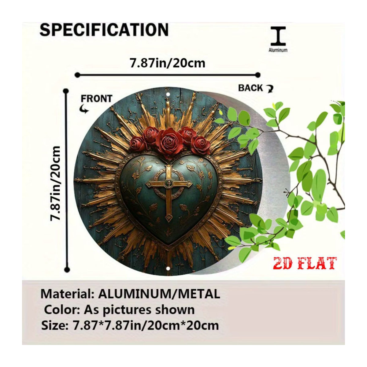 HELLOYOUNG Rundes Aluminiumschild mit religiösem Heiligen Herz und floralem Rosen-Kreuz-Design in Rustik-Optik, mehrfarbig, Wanddekoration - Bild 3
