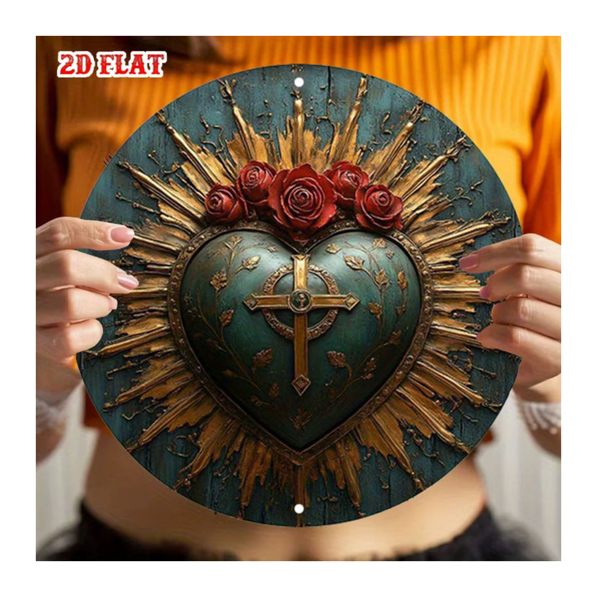 HELLOYOUNG Rundes Aluminiumschild mit religiösem Heiligen Herz und floralem Rosen-Kreuz-Design in Rustik-Optik, mehrfarbig, Wanddekoration - Bild 5