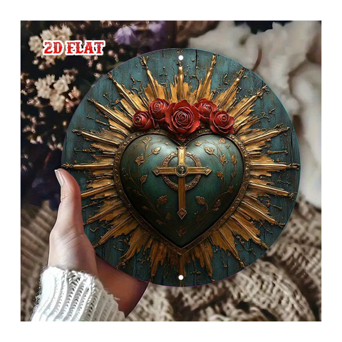 HELLOYOUNG Rundes Aluminiumschild mit religiösem Heiligen Herz und floralem Rosen-Kreuz-Design in Rustik-Optik, mehrfarbig, Wanddekoration - Bild 6