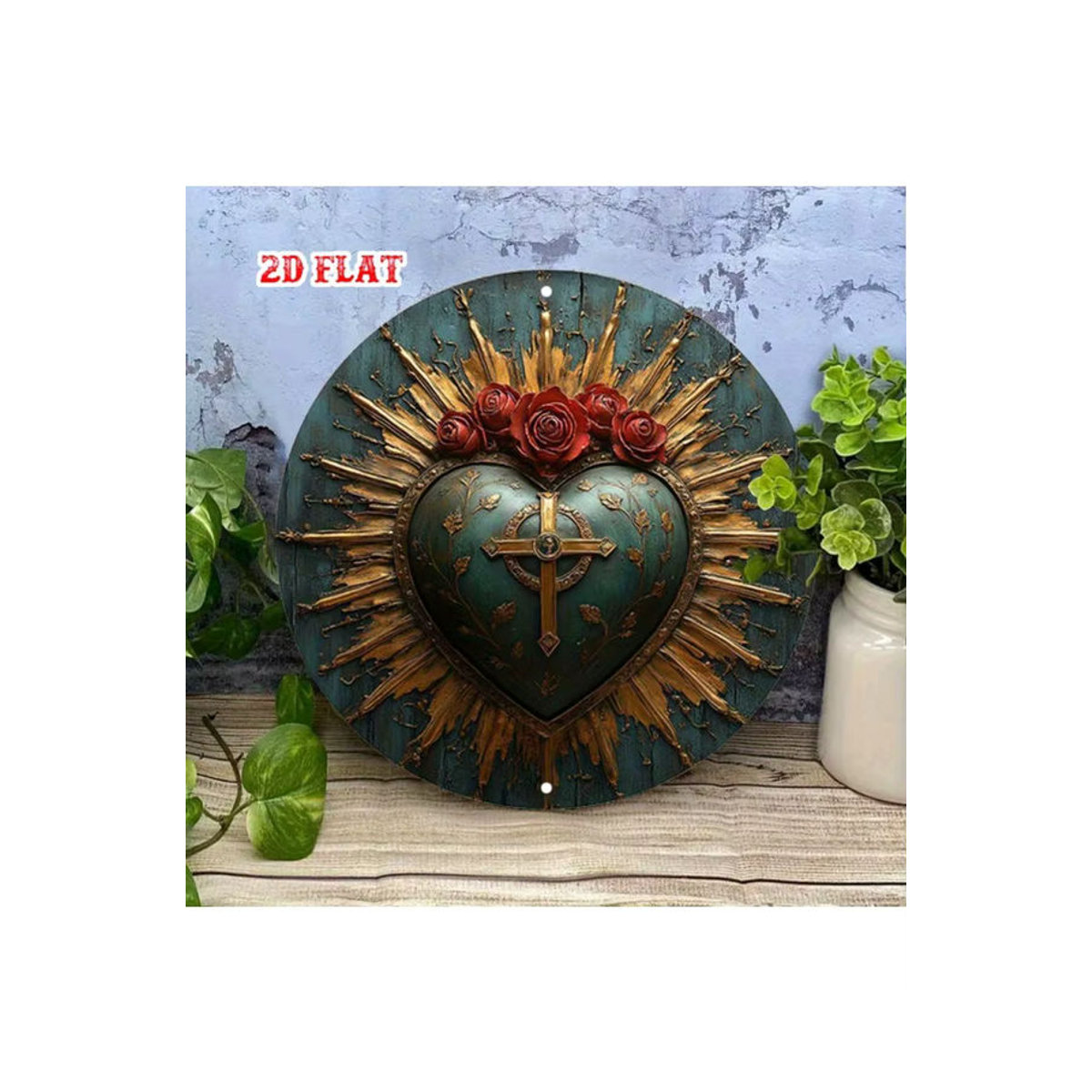HELLOYOUNG Rundes Aluminiumschild mit religiösem Heiligen Herz und floralem Rosen-Kreuz-Design in Rustik-Optik, mehrfarbig, Wanddekoration - Bild 7