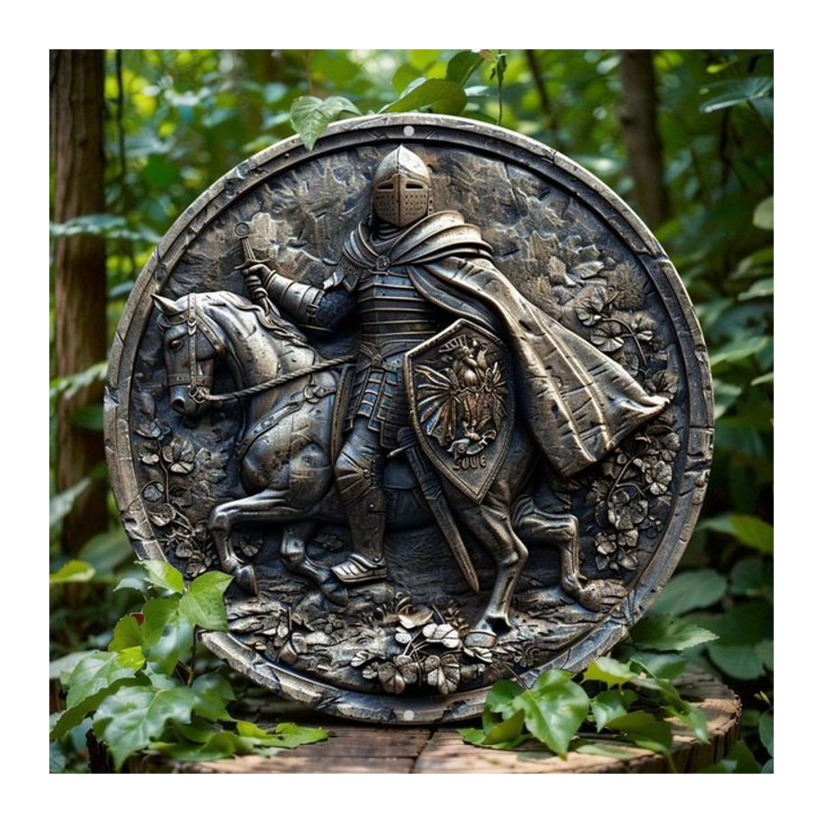 HELLOYOUNG Rundes Aluminiumschild mit Ritter-Motiv in Silber, Vintage Wanddekoration aus Metall zum Aufhängen - Bild 1