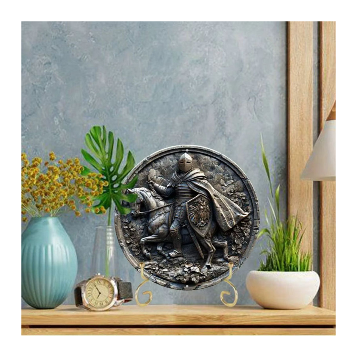 HELLOYOUNG Rundes Aluminiumschild mit Ritter-Motiv in Silber, Vintage Wanddekoration aus Metall zum Aufhängen - Bild 2