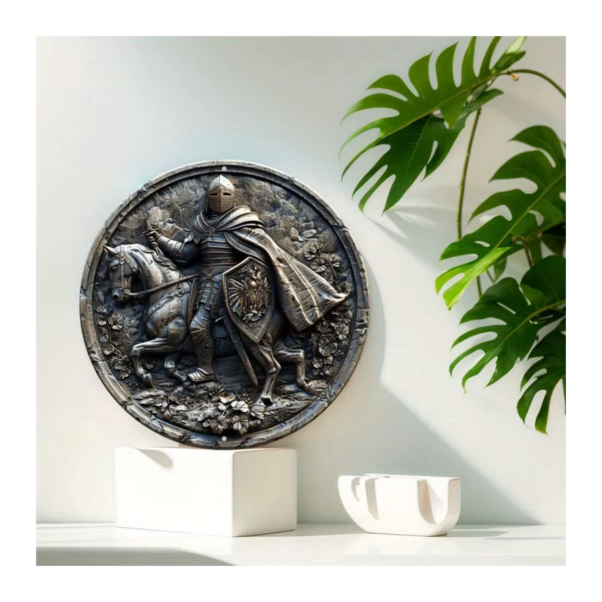 HELLOYOUNG Rundes Aluminiumschild mit Ritter-Motiv in Silber, Vintage Wanddekoration aus Metall zum Aufhängen - Bild 3