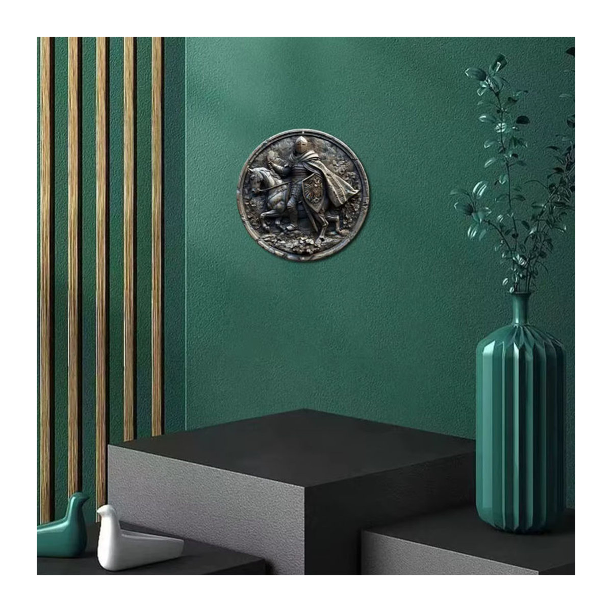 HELLOYOUNG Rundes Aluminiumschild mit Ritter-Motiv in Silber, Vintage Wanddekoration aus Metall zum Aufhängen - Bild 4