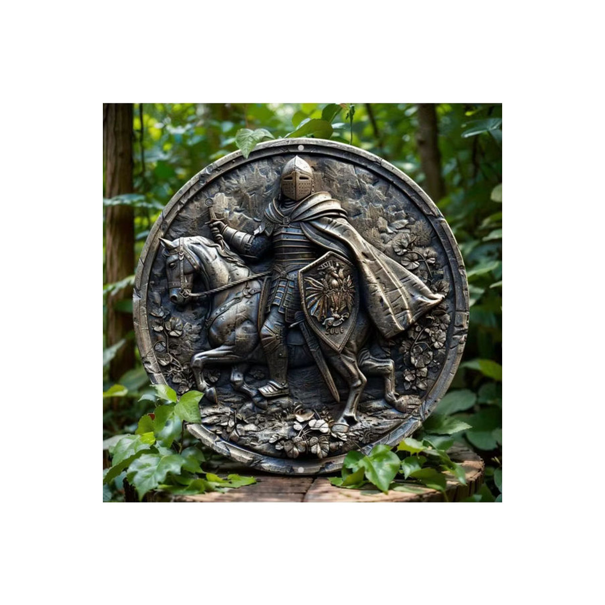 HELLOYOUNG Rundes Aluminiumschild mit Ritter-Motiv in Silber, Vintage Wanddekoration aus Metall zum Aufhängen - Bild 5