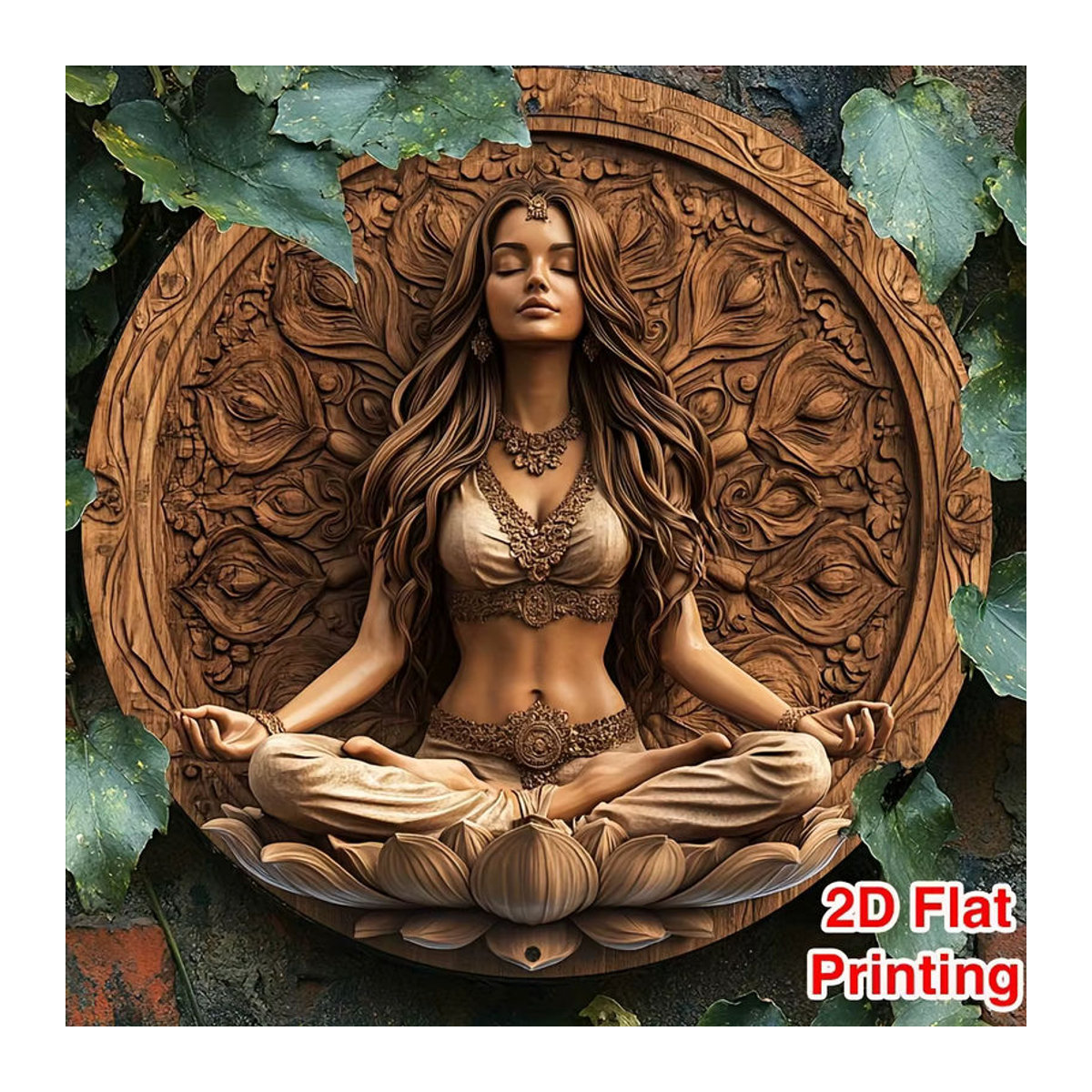 HELLOYOUNG Rundes Kranzschild im Vintage-Stil aus Holz mit Frau in Lotus-Position, braun, Wanddekoration für Yoga und Meditation - Bild 2