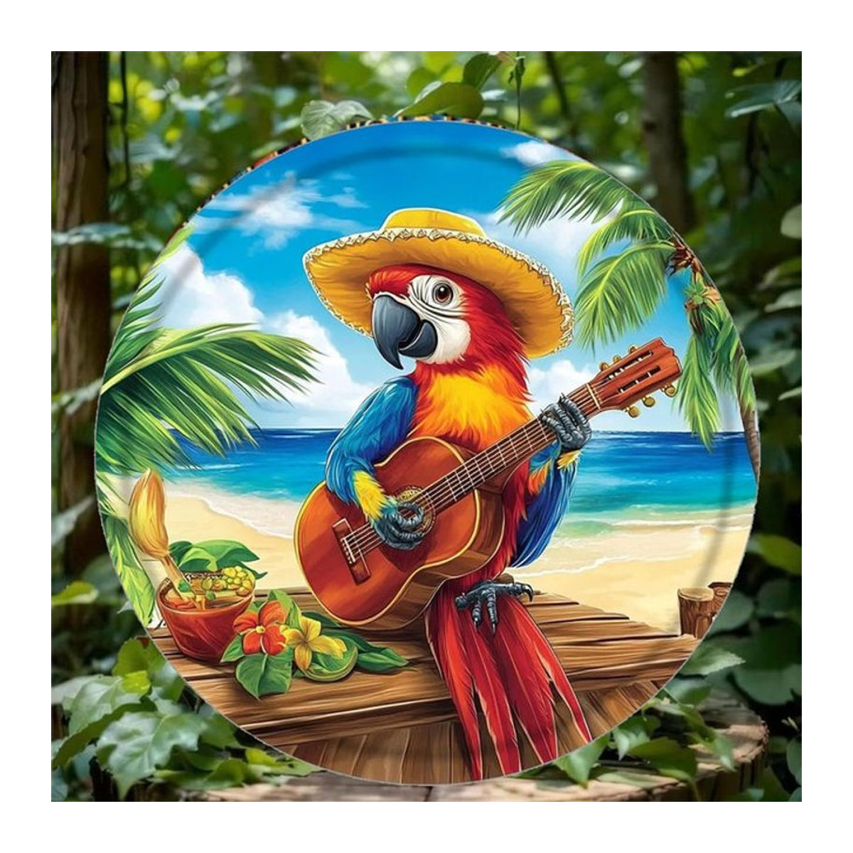 HELLOYOUNG Rundes Metallschild im Vintage-Stil mit Papagei, Gitarre und Strand als Wanddekoration, Durchmesser: 20 cm, mehrfarbig - Bild 1