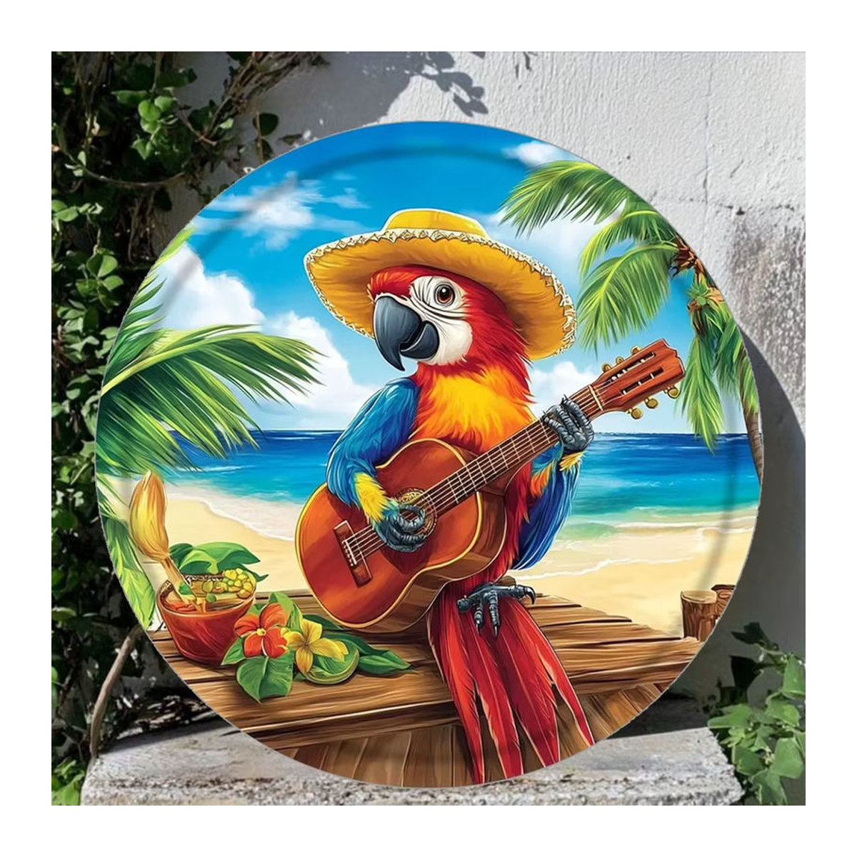 HELLOYOUNG Rundes Metallschild im Vintage-Stil mit Papagei, Gitarre und Strand als Wanddekoration, Durchmesser: 20 cm, mehrfarbig - Bild 3