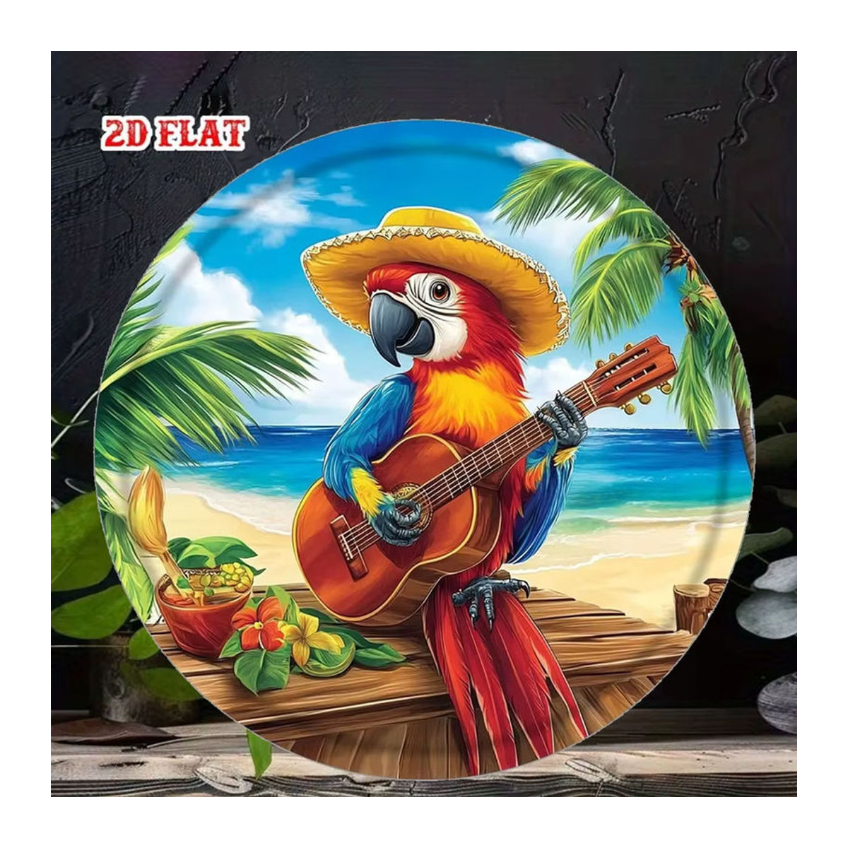 HELLOYOUNG Rundes Metallschild im Vintage-Stil mit Papagei, Gitarre und Strand als Wanddekoration, Durchmesser: 20 cm, mehrfarbig - Bild 4