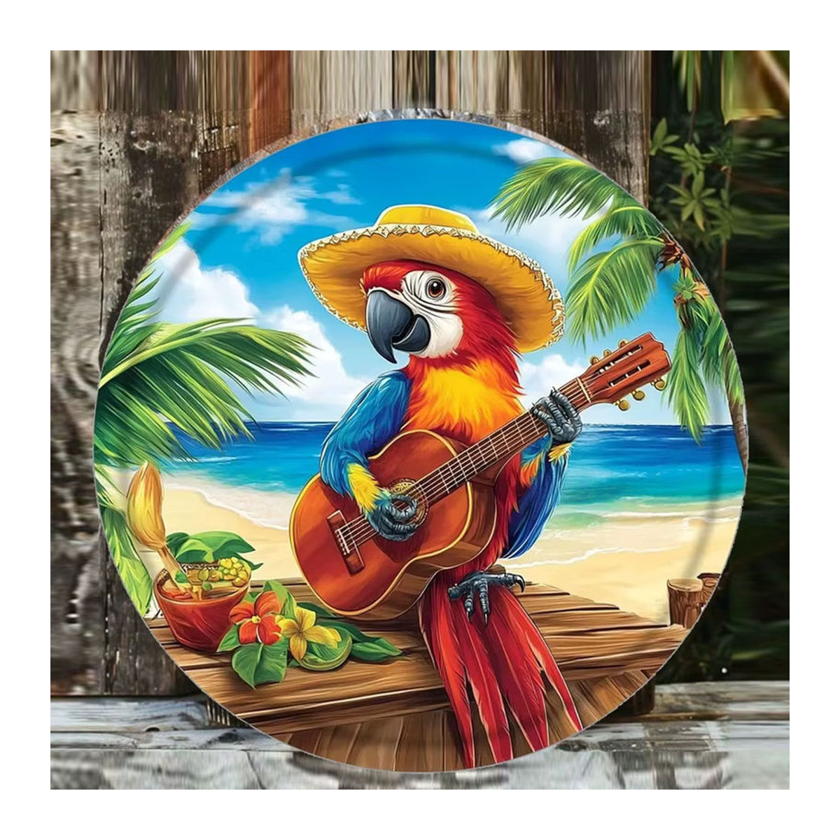 HELLOYOUNG Rundes Metallschild im Vintage-Stil mit Papagei, Gitarre und Strand als Wanddekoration, Durchmesser: 20 cm, mehrfarbig - Bild 5
