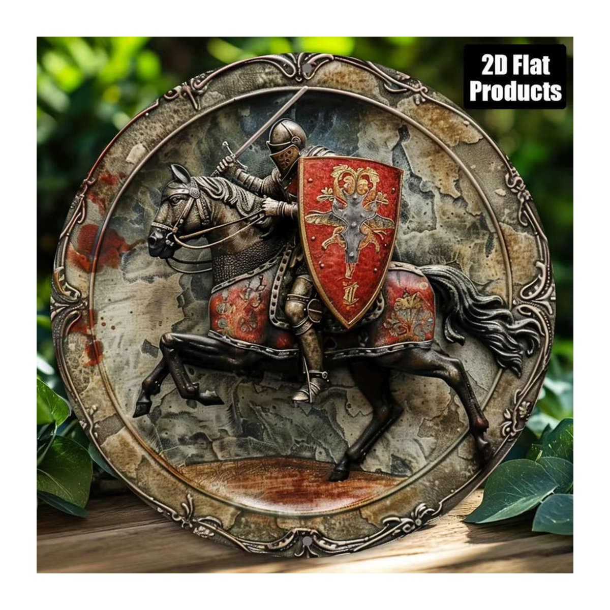 HELLOYOUNG Rundes Metallschild mit Rittermotiv im Vintage-Stil, mehrfarbig, Durchmesser: 20,3 cm - Bild 1
