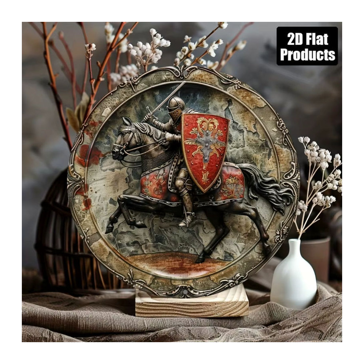 HELLOYOUNG Rundes Metallschild mit Rittermotiv im Vintage-Stil, mehrfarbig, Durchmesser: 20,3 cm - Bild 2