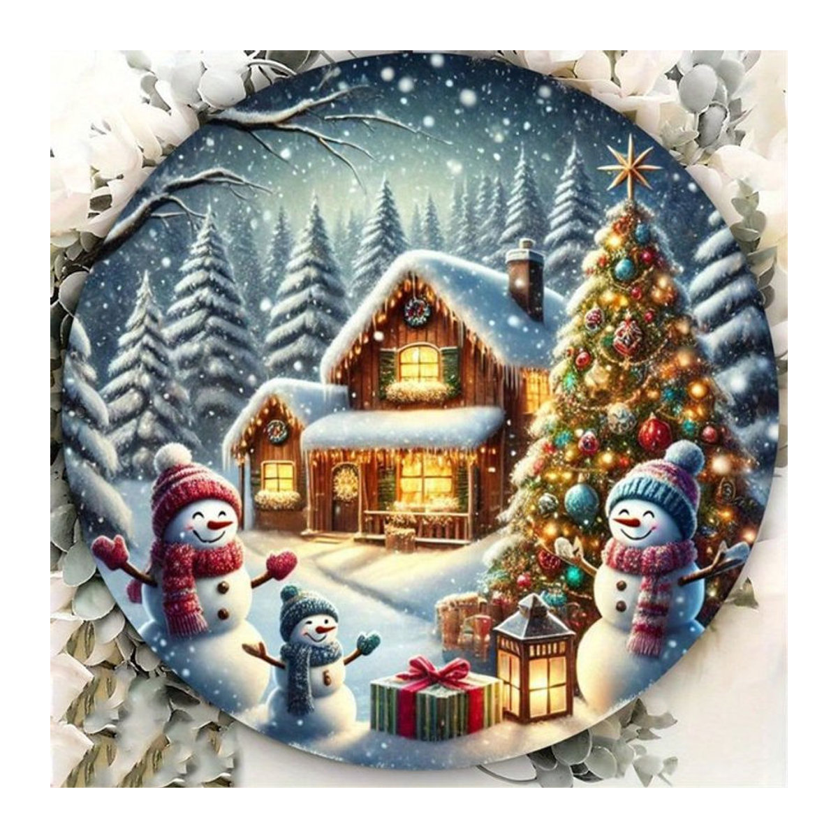 HELLOYOUNG Rundes Metallschild Weihnachtsschneemann und Baum, mehrfarbig, Durchmesser: 20,3 cm - Bild 1