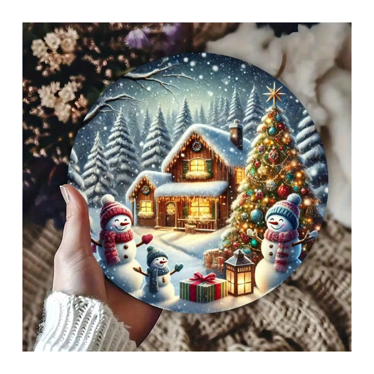 HELLOYOUNG Rundes Metallschild Weihnachtsschneemann und Baum, mehrfarbig, Durchmesser: 20,3 cm - Bild 2