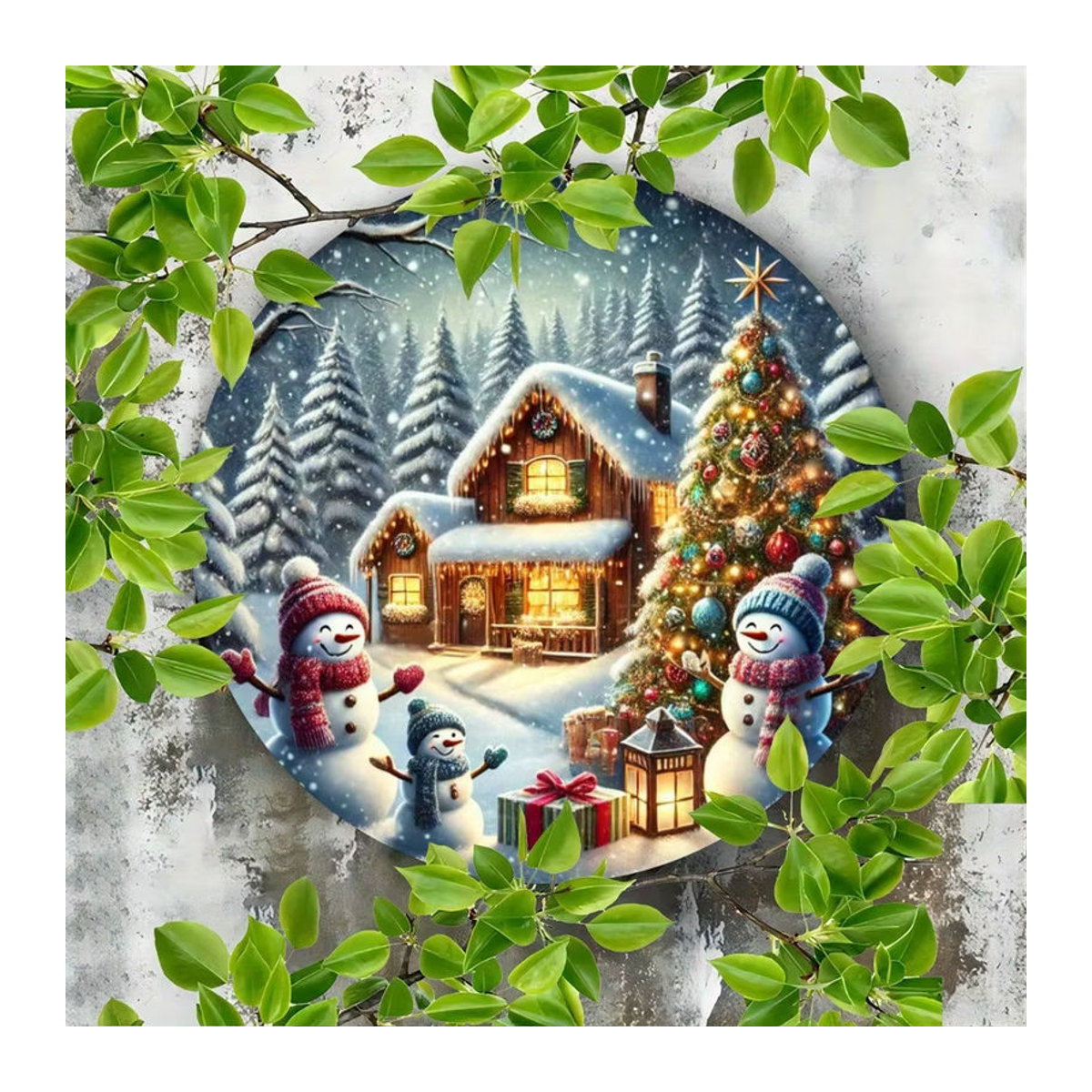 HELLOYOUNG Rundes Metallschild Weihnachtsschneemann und Baum, mehrfarbig, Durchmesser: 20,3 cm - Bild 3
