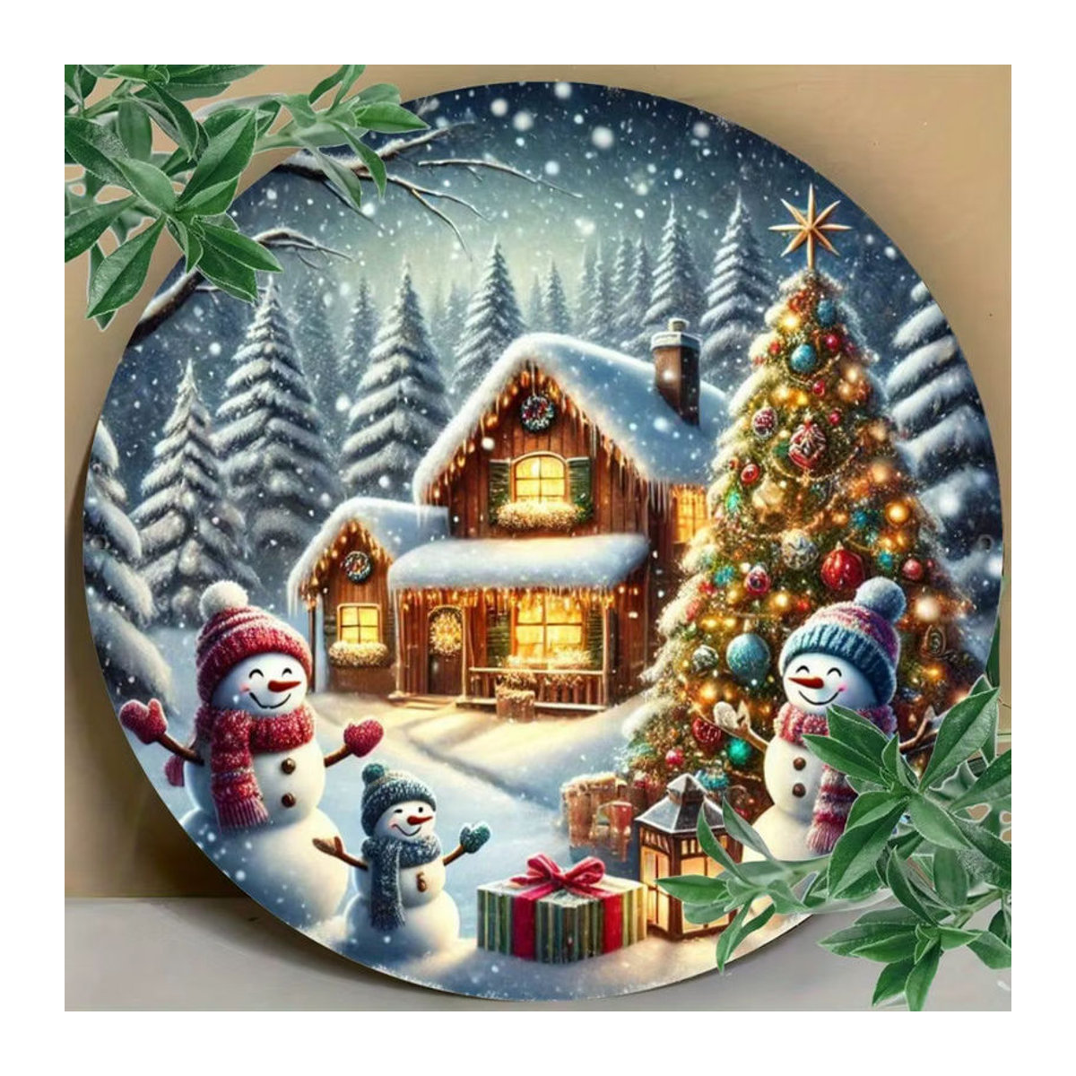 HELLOYOUNG Rundes Metallschild Weihnachtsschneemann und Baum, mehrfarbig, Durchmesser: 20,3 cm - Bild 6