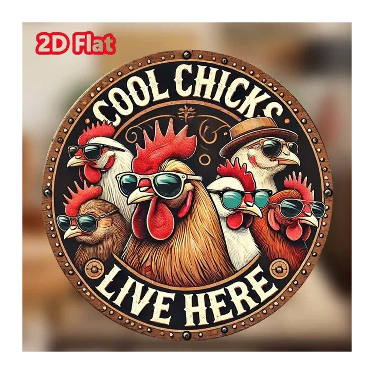 HELLOYOUNG Rundes Vintage Metallschild A Cool Chick Lives Here Bauernhaus-Dekoration, Durchmesser: 20 cm, Mehrfarbig - Bild 1