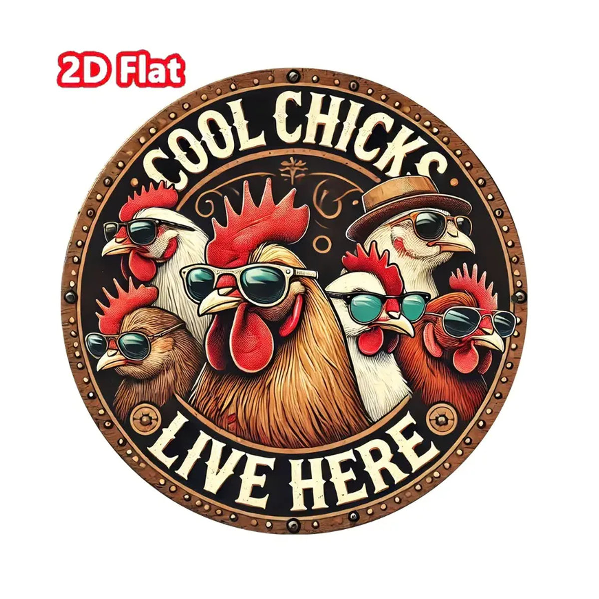 HELLOYOUNG Rundes Vintage Metallschild A Cool Chick Lives Here Bauernhaus-Dekoration, Durchmesser: 20 cm, Mehrfarbig - Bild 2