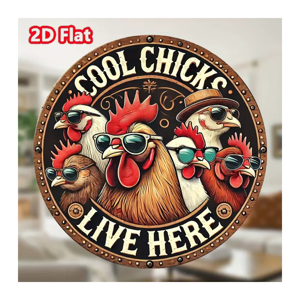 HELLOYOUNG Rundes Vintage Metallschild A Cool Chick Lives Here Bauernhaus-Dekoration, Durchmesser: 20 cm, Mehrfarbig - Bild 5