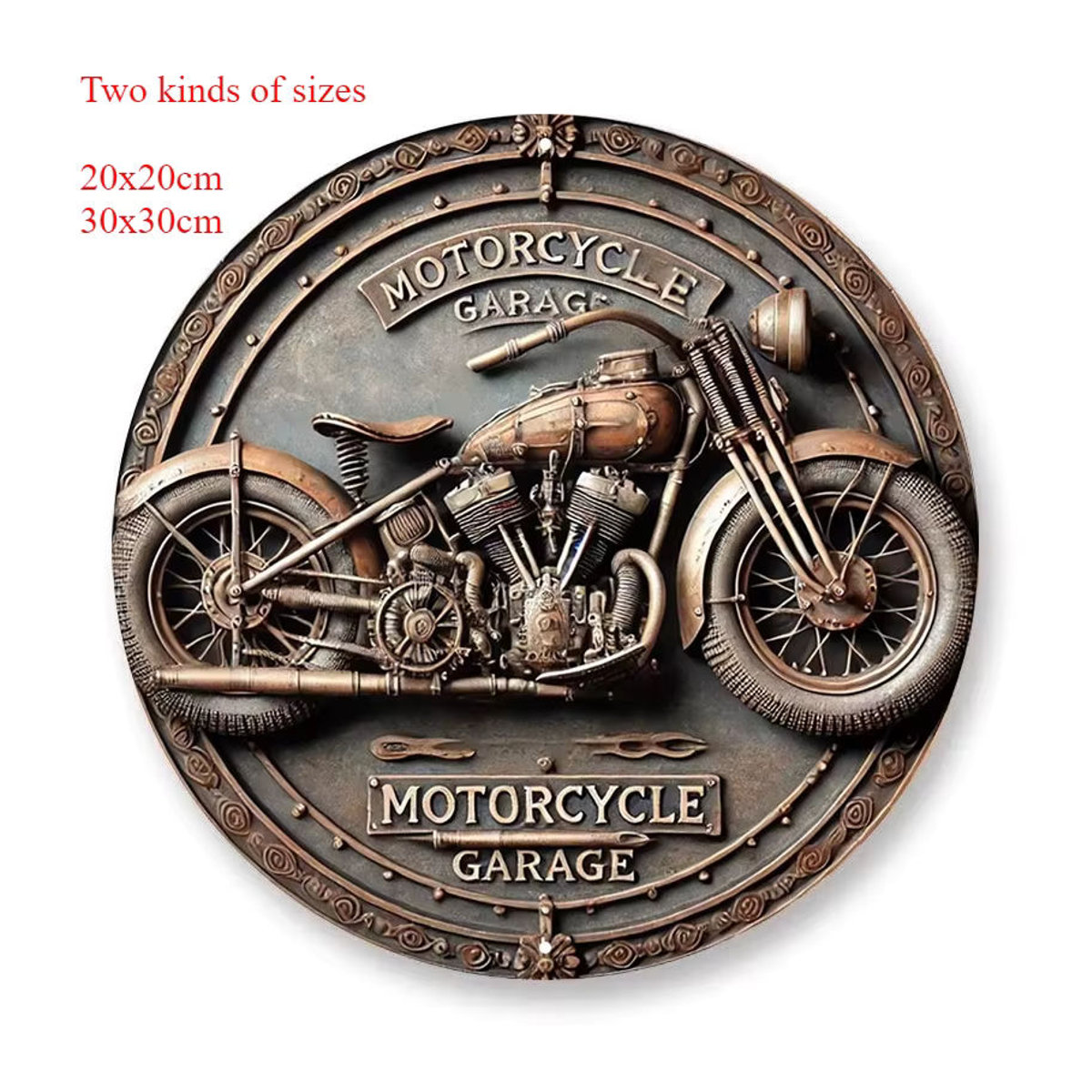 HELLOYOUNG Rundes Vintage Metallschild Motorradgarage in Braun, Durchmesser: 20,32 cm - Bild 2