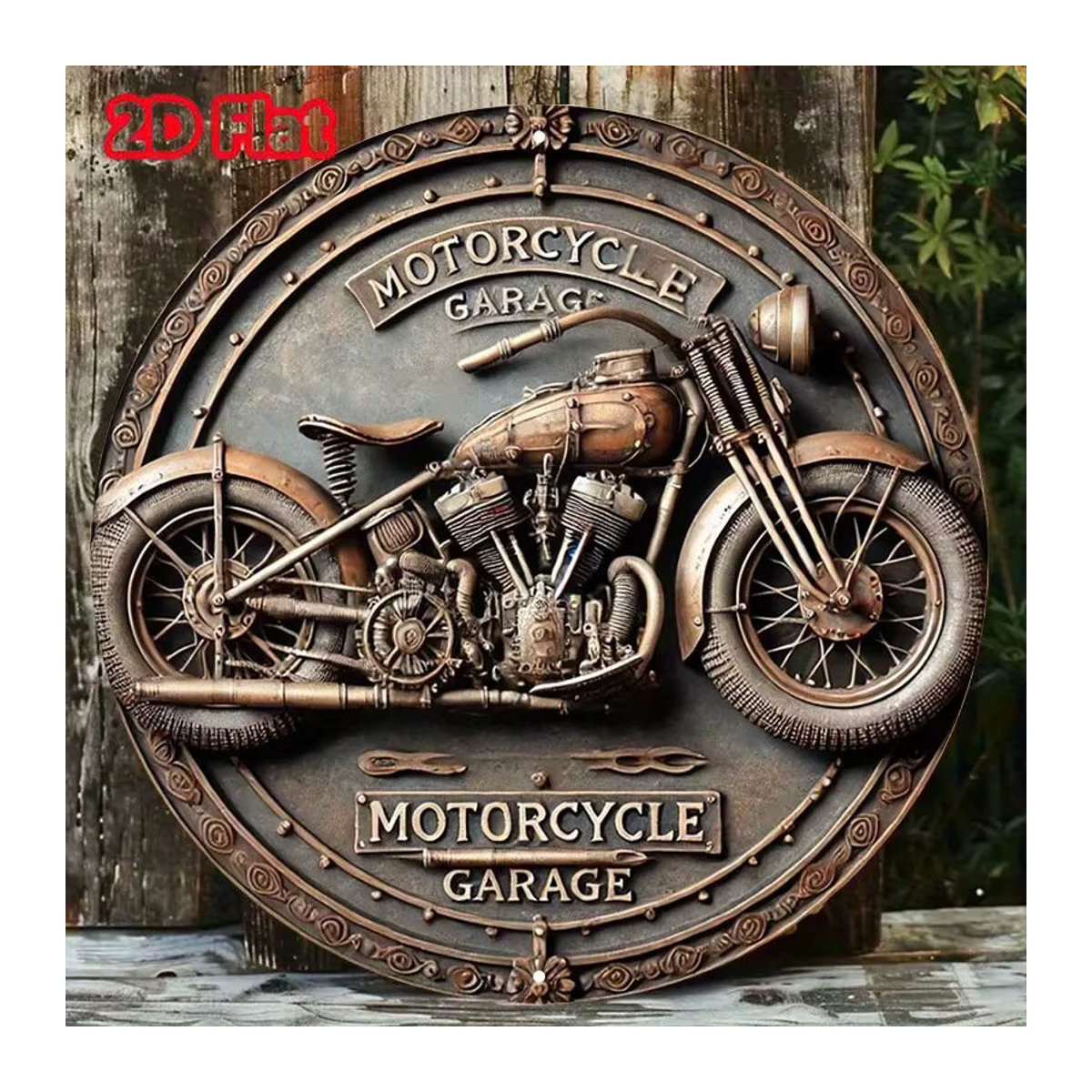HELLOYOUNG Rundes Vintage Metallschild Motorradgarage in Braun, Durchmesser: 20,32 cm - Bild 4