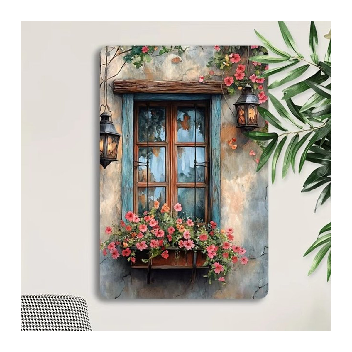 HELLOYOUNG Rustikales Wandfenster mit floralem Blumenschild in Mehrfarbig, Rechteckig, B/H: 30 x 30 cm - Bild 1